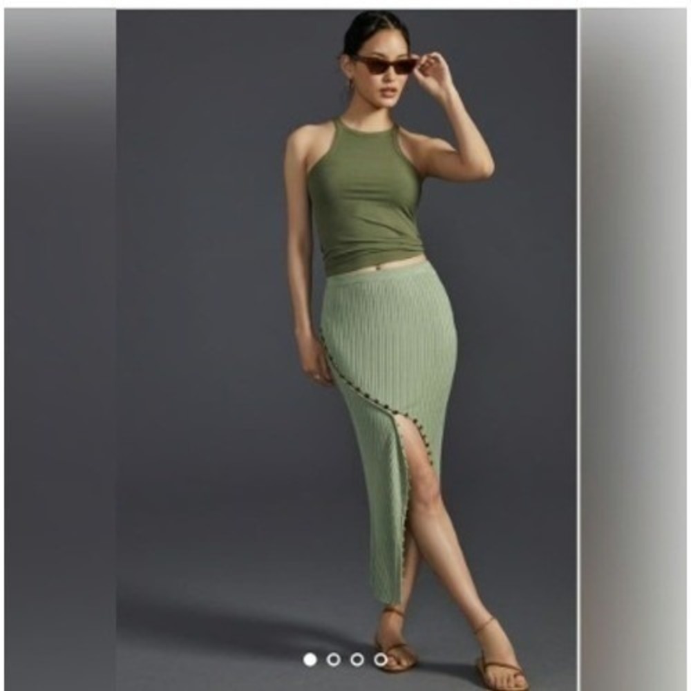 Sovere‎ Ribbed Knit Midi Skirt • Button Embellished • Sage Green • XS